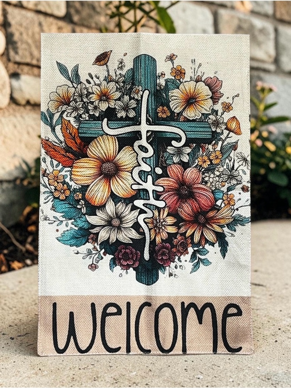 Welcome Floral Cross Door Curtain - Teal, Yellow, Orange, Cream